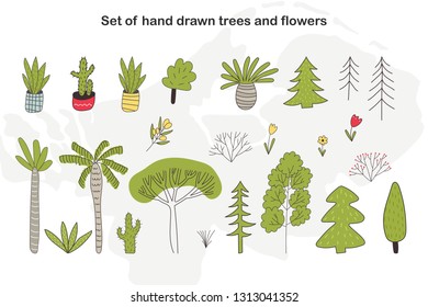 Set of hand drawn cartoon trees, cacti and plants. Vector floral illustration.
