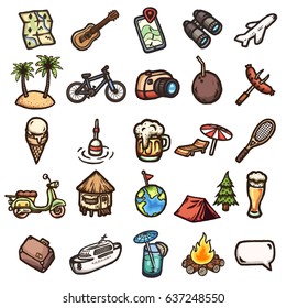 Set of hand drawn cartoon vacation icons.