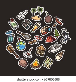 Set of hand drawn cartoon vacation icons.