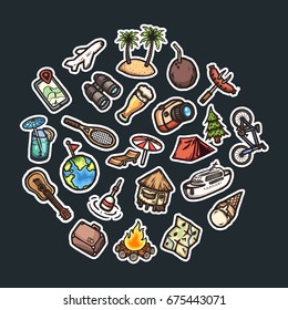 Set of hand drawn cartoon vacation icons.
