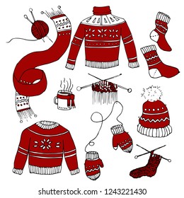 Set of hand drawn cartoon Vector elements. Winter Doodle. Cute marry Christmas And happy New Year Sketch. Isolated illustration. Cozy knitted sweater, scarf, hat, mittens, Skates, pancake, gingerbread