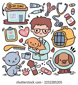 Set of Hand Drawn Cartoon Veterinarian Doodle