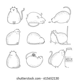 set of hand drawn cat doodles. Cat character in different situations