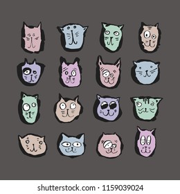 Set Hand drawn cat faces. Funny vector colored animals for design, print.