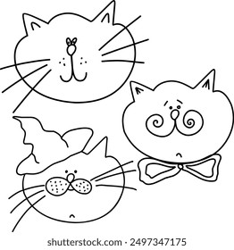 Set of hand drawn cat faces, doodle illustrations, mage cat, gentleman cat, whisker