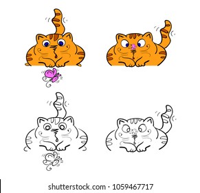 Set of hand drawn cat, gaming ginger cat. Hand drawing. Cute cartoon spotted cat on a white background. Hand drawn vector. Hunter funny cat, hand drawn, vector illustration. Funny kitten.