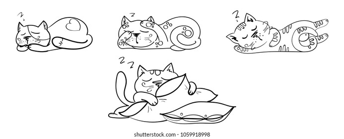 Set of hand drawn cat, gaming ginger cat. Hand drawing. Cute cartoon spotted cat on a white background. Hand drawn vector. Hunter funny cat, hand drawn, vector illustration. Black animals on white.