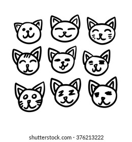 conjunto de sorrisos de gato desenhados à mão