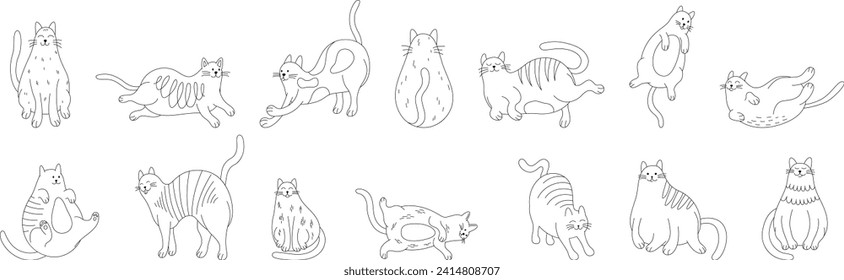 Gatos dibujados a mano. Ilustración de doodle aislada en la colección de fondo blanco.