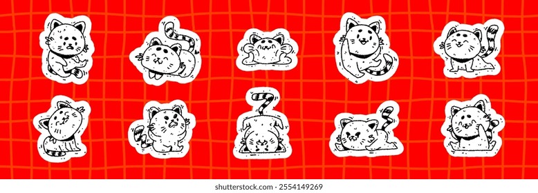 Set of hand drawn cats in doodle style. Stickers funny cartoon animals and pets. Vector line illustration isolated on red background