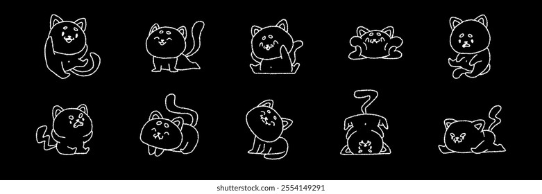 Set of hand drawn cats in doodle style. Funny cartoon animals and pets. Vector line illustration on black background