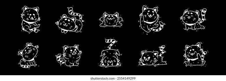 Set of hand drawn cats in doodle style. Funny cartoon animals and pets. Vector line illustration isolated on black background