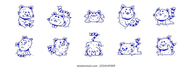Set of hand drawn cats in doodle style. Funny cartoon animals and pets drawn with blue pen. Vector line illustration isolated on white background