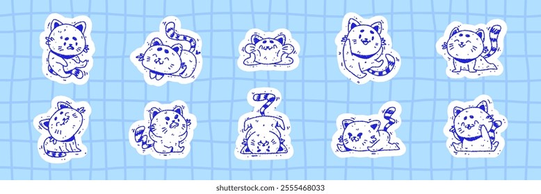 Set of hand drawn cats in doodle style. Stickers funny cartoon animals and pets. Vector line illustration isolated on blue checkered background