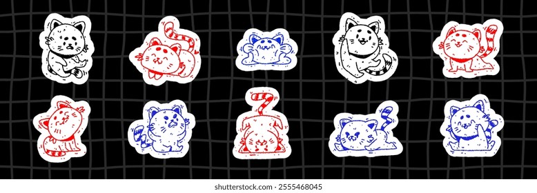 Set of hand drawn cats in doodle style. Stickers funny cartoon animals and pets. Vector line illustration isolated on black checkered background
