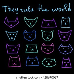 Set of hand drawn cats on black. Vector doodle illustration for web design,print, cards,banners

