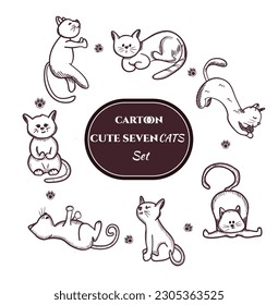  set of hand drawn cats, vector illustration, line art style, brown  and white on isolated white background