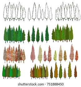 Set of hand drawn cedar trees. Vector illustration. Simply colored, black and white and textured trees. Objects for backgrounds, illustrations. Green, brown, dark yellow colors
