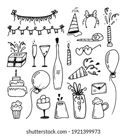 Set hand drawn celebration elements isolated on a white background. Doodle, simple outline illustration. It can be used for decoration of textile, paper and other surfaces.