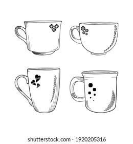 Set hand drawn ceramic cups for hot drinks isolated on a white background. Illustration in black and white graphic style, doodle. It can be used for decoration of textile, paper.