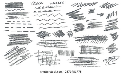 Set of hand drawn chalk broad strokes on white background, grunge line collection, brush texture banners, paintbrush vector collection, brushes of different sizes and designs for decoration