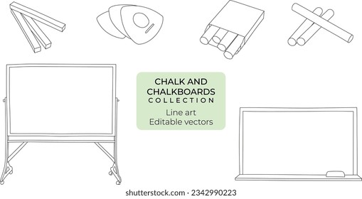 Set of hand drawn chalk and chalkboards, editable vector line art illustrations of school chalk and blackboard