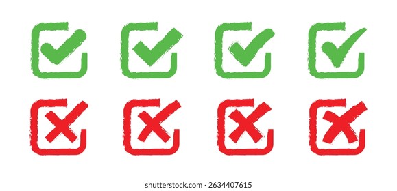 Set of hand drawn chalk check mark set. Grunge checklist icons, sketch checkbox. check and Cross sign elements. vector buttons for vote, election choice, tick marks, approval signs design.