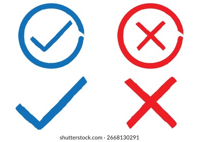Conjunto de marcas de verificação de giz desenhadas à mão definidas. Ícones de lista de verificação do Grunge, caixas de verificação de esboço, símbolos de marca e cruz. marcador caixa de verificação isolada lista de verificação. marca de verificação verde, ícone de marca de correção verde, Pincel 