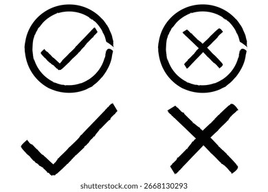 Satz von handgezeichneten Kreide-Häkchen. Grunge-Checklisten-Symbole, Skizzen-Checkboxen, Häkchen- und Kreuzsymbole. Marker-Checkliste für einzelne Kontrollkästchen. grünes Häkchen, grünes Symbol für korrektes Zeichen, Pinsel 