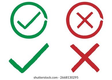 Satz von handgezeichneten Kreide-Häkchen. Grunge-Checklisten-Symbole, Skizzen-Checkboxen, Häkchen- und Kreuzsymbole. Marker-Checkliste für einzelne Kontrollkästchen. grünes Häkchen, grünes Symbol für korrektes Zeichen, Pinsel 