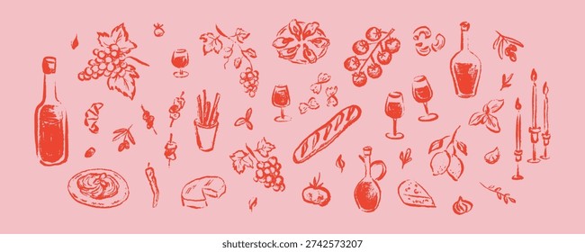 Set of hand drawn chalk crayon sketch Italian, French, Greek wine and food elements. Bachelorette party, wedding, girly birthday pencil drawing background. Cheese and wine coquette night
