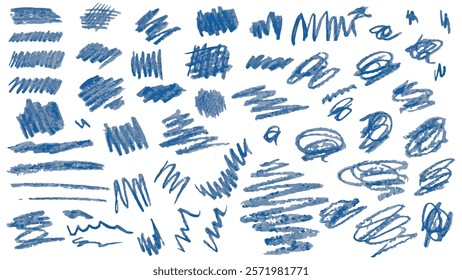Set of hand drawn chalk different blue doodles, stripes and strokes in grunge style, collection of hand drawn chalk broad strokes on white background, brushes of different designs for decoration