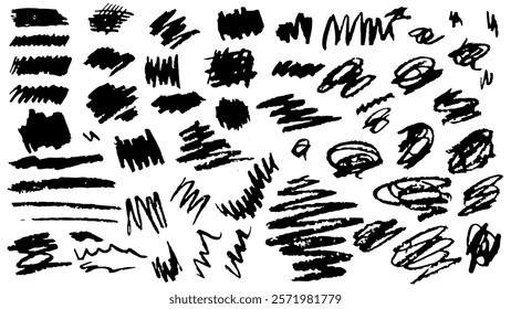 Set of hand drawn chalk different black doodles, stripes and strokes in grunge style, collection of hand drawn chalk broad strokes on white background, brushes of different designs for decoration