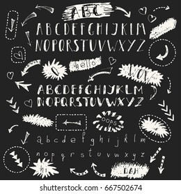 Set of hand drawn chalk doodle alphabet, design elements, arrows. English uppercase and lowercase scribbled letters font. Vector lettering design. 