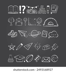 set of hand drawn chalk drawing back to school element collection