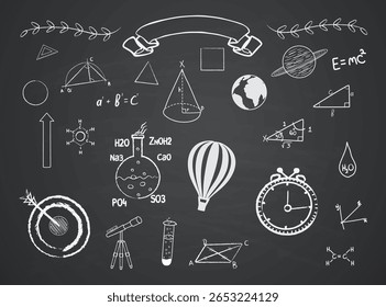 set of hand drawn chalk educational doodles on blackboard