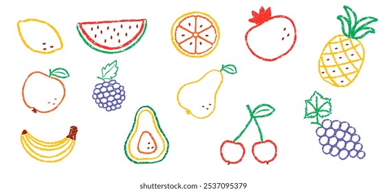 Conjunto de ilustrações de frutas de giz desenhadas à mão. Rabiscos infantis de maçã, abacaxi e uvas com contorno colorido. Ícones de lápis desleixado no estilo infantil