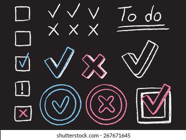 Set of hand drawn chalk graphic elements. Checkmarks, X marks and boxes, isolated on white background.