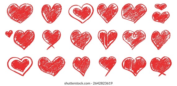 Set of hand drawn chalk hearts. Grunge childish drawing of hearts with crayon pencil texture. Different love hearts for Valentines Day