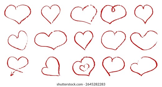 Set of hand drawn chalk hearts. Grunge childish drawing of hearts with crayon pencil texture. Different love hearts for Valentines Day	