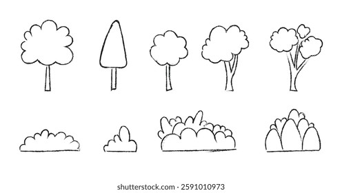 Set of hand drawn chalk line tree and bushes