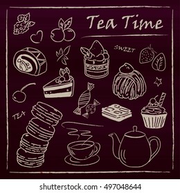 Set of Hand Drawn Chalk Line Style Bakery Illustrations 