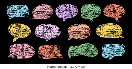 Set of hand drawn chalk speech bubbles. Text box icons for comics. Grunge texture in doodle style.