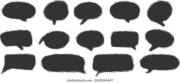 Set of hand drawn chalk speech bubbles. Text box icons for comics. Grunge texture in doodle style.