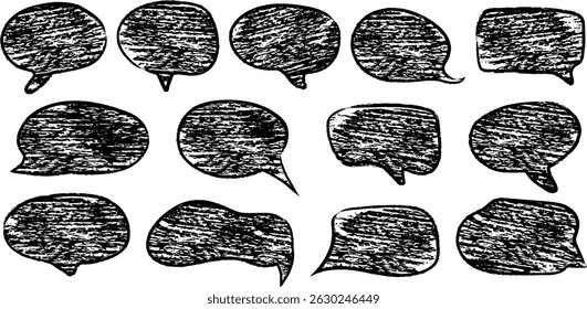 Conjunto de bolhas de fala de giz desenhadas à mão. Ícones de caixa de texto para quadrinhos. Textura grunge em estilo doodle.