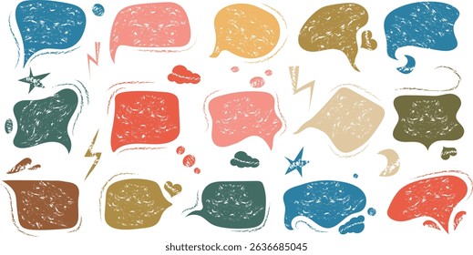 Set of hand drawn chalk speech bubbles. Text box icons for comics. Grunge texture in doodle style.