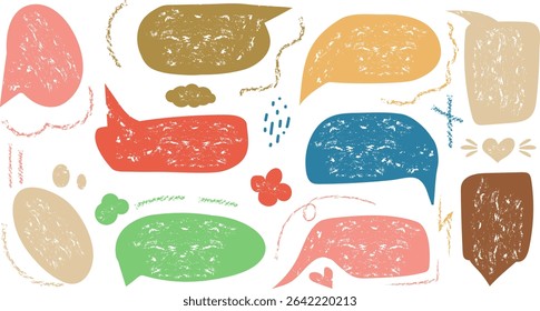 Set of hand drawn chalk speech bubbles. Text box icons for comics. Grunge texture in doodle style.