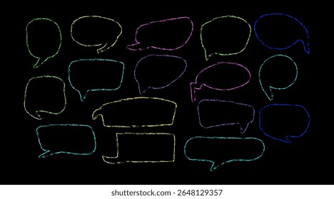 Set of hand drawn chalk speech bubbles. Text box icons for comics. Grunge texture in doodle style.