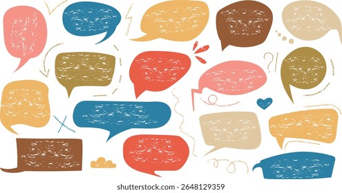 Set of hand drawn chalk speech bubbles. Text box icons for comics. Grunge texture in doodle style.