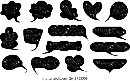 Set of hand drawn chalk speech bubbles. Text box icons for comics. Grunge texture in doodle style.